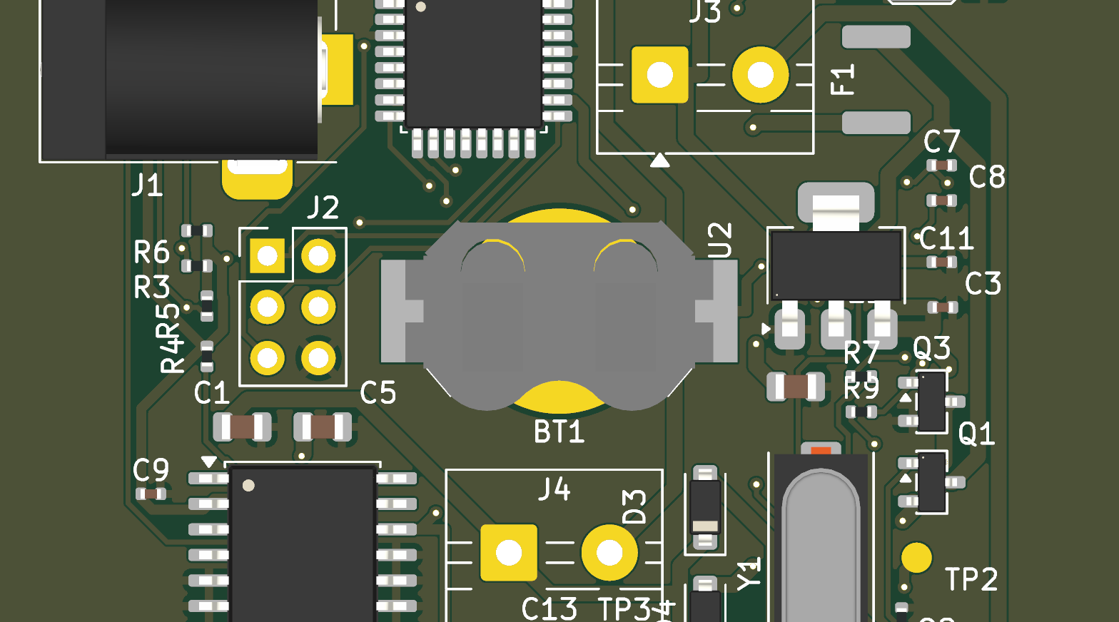 Close detail of the pet-feeder-ctrl board, showing reference designators printed in silkscreen beside the parts they name, the coin-cell holder, and the fine pitch of the microcontroller's leads.